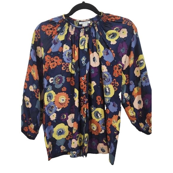 Creme Fraiche Size S Floral Pink Yellow Orange Navy Women Top Blouse 100% Silk - Picture 5 of 10